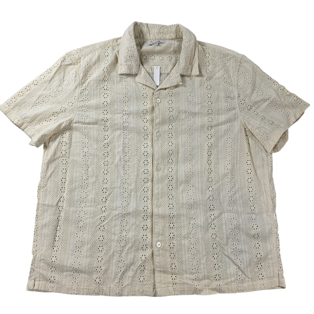 Madewell Camp Collar Short Sleeve Shirt Embroidered Cotton Dusty Pearl XL Boho
